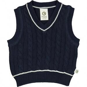 NEW MUESLI kid's organic cotton cable knit v-neck vest in night blue/cashmere